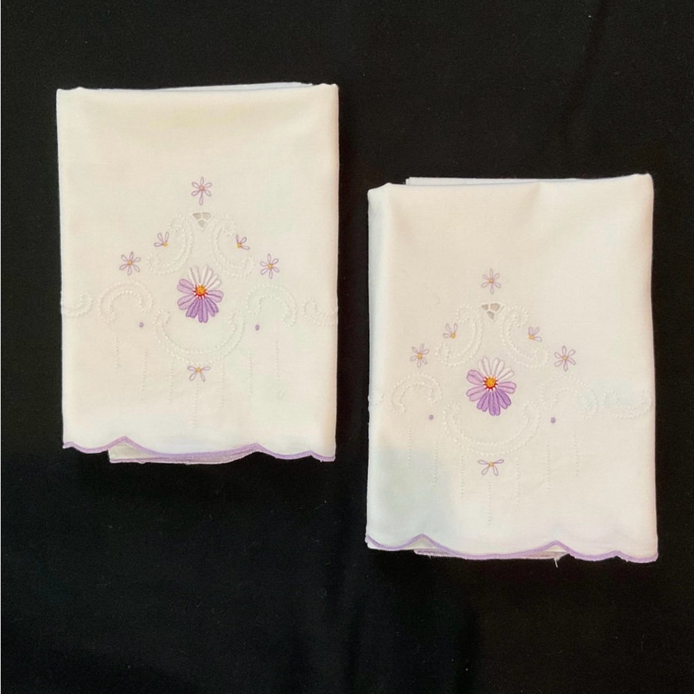 Vintage Standard Embroidered White With Purple Flowers